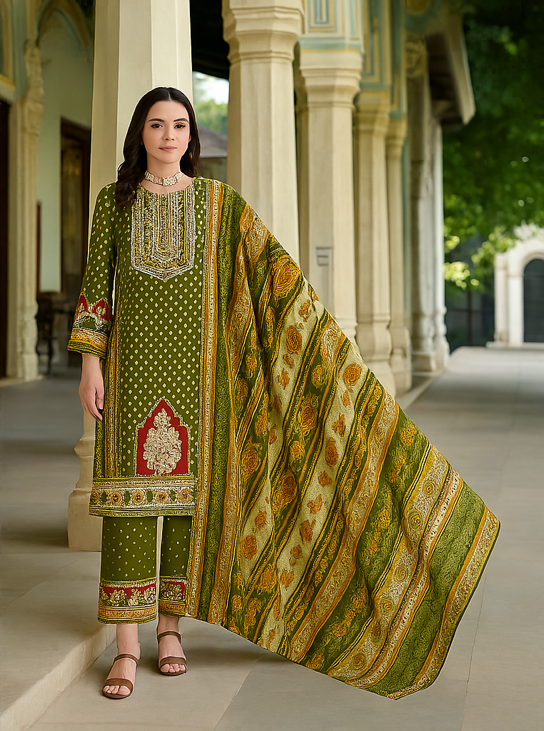 Olive Green Cotton Suit with Zarkan Work – Unstitched Premium Ethnic Wear
