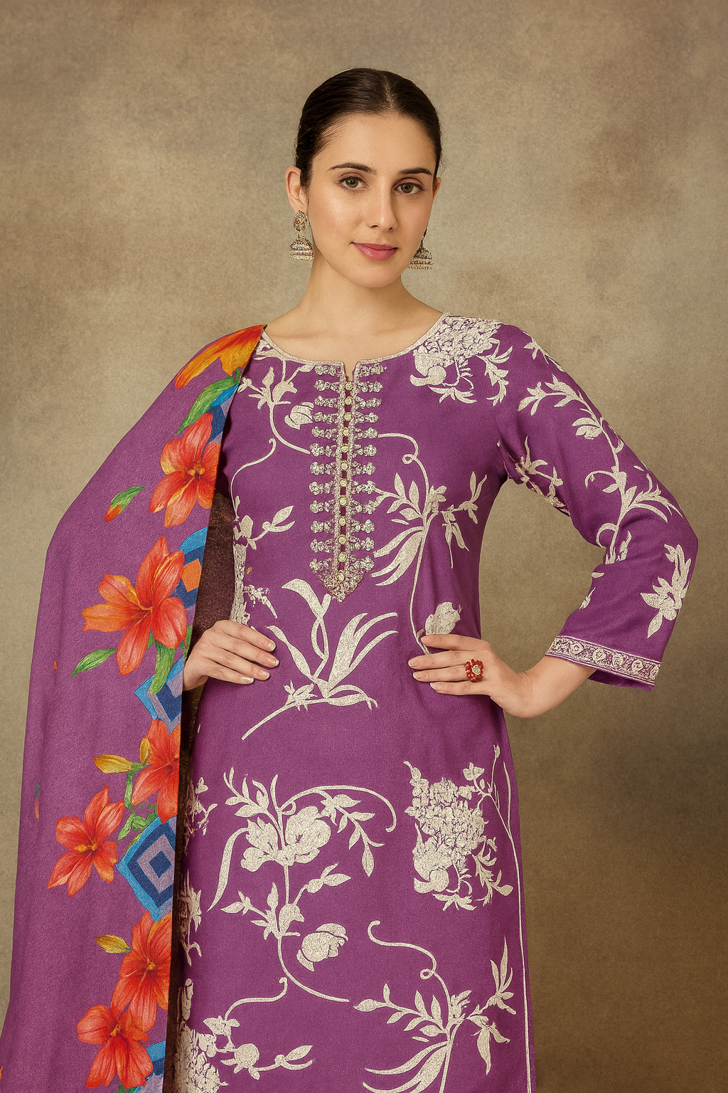 Purple Unstitched Cambric Suit Set with Elegant Embroidery and Floral Printed Dupatta