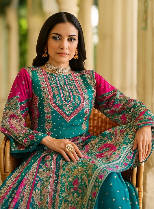 Teal Blue Unstitched Cotton Suit with Zarkan Work & Printed Mal Mal Dupatta