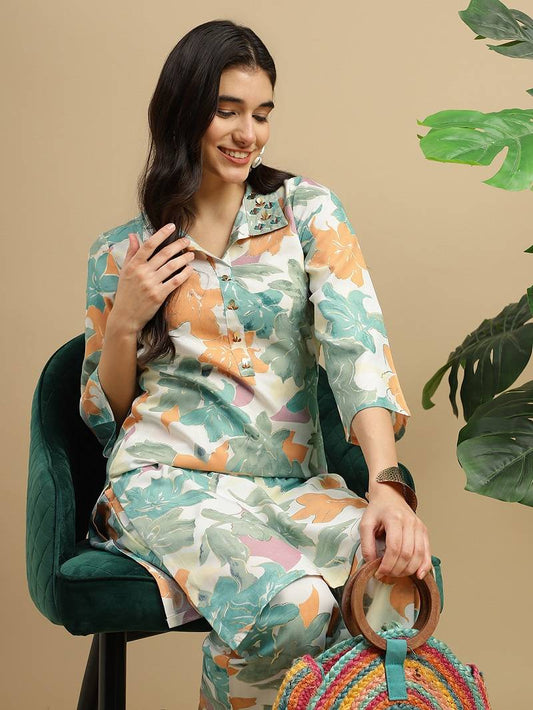 Women’s Green & Orange Floral Print Coord Set – Collar Neck Kurta with Pants