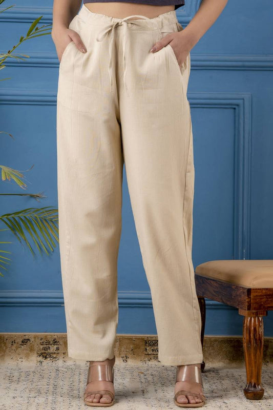 Women's Solid Beige Cotton Drawstring Pants – Relaxed Fit with Pockets