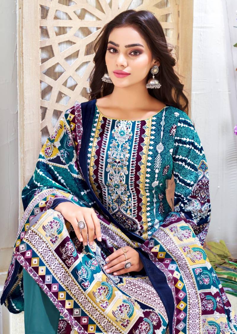 Premium Blue Pakistani Digital Print Unstitched Cotton Suit Set for Women