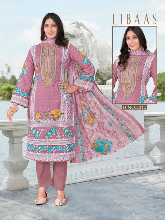 Premium Pink Cotton Printed Unstitched  Suit for Women