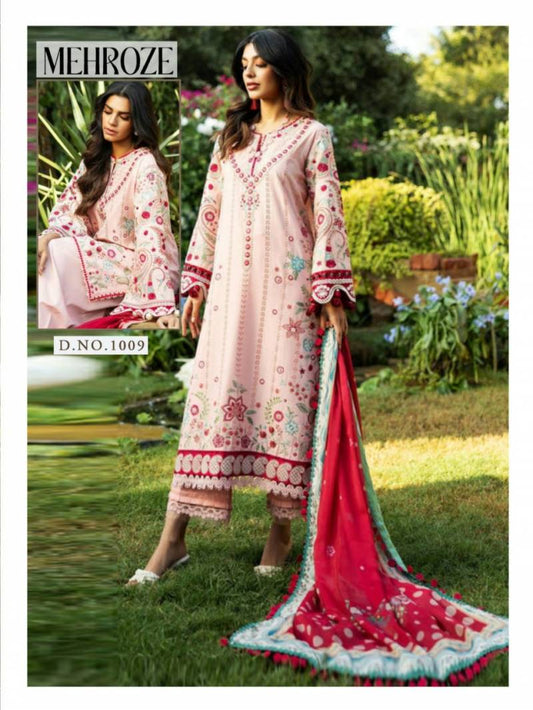 Floral Printed Pastel Pink Salwar Kameez Suit with Vibrant Dupatta Unstitched