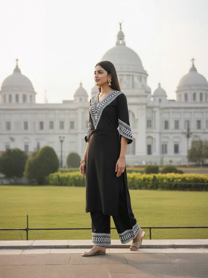 Black Georgette Kachhi Worked Kurti With Matching Bottom