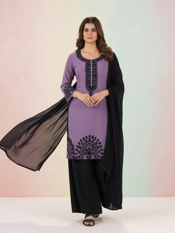 Black Forest Georgette Threadwork Kurti Pant And Dupatta