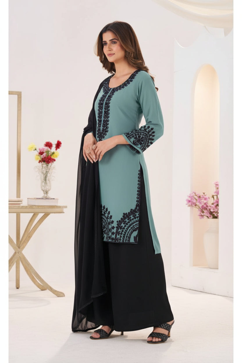 Black Forest Georgette Threadwork Kurti Pant And Dupatta