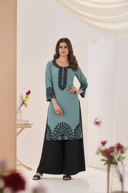 Black Forest Georgette Threadwork Kurti Pant And Dupatta