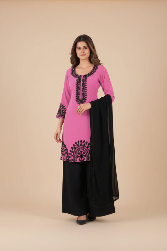 Black Forest Georgette Threadwork Kurti Pant And Dupatta
