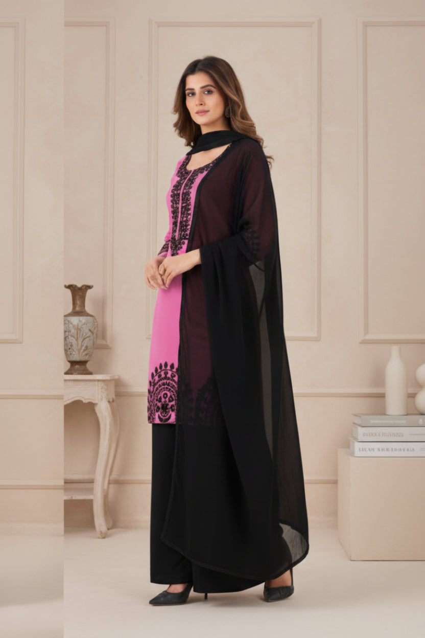 Black Forest Georgette Threadwork Kurti Pant And Dupatta