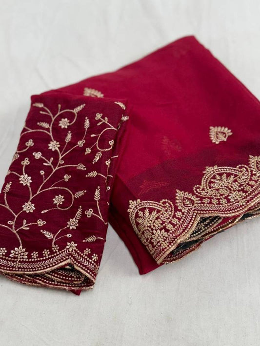 Pink Georgette Stylish Embroidered Georgette Saree