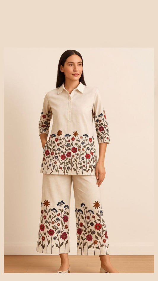 Beige Bloom Printed Coord Set – Premium Cotton Elegance