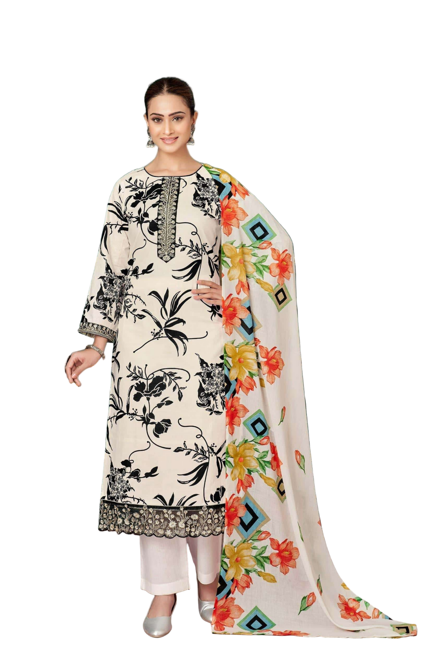 Cambric Cotton Embroidered Suit Set with Mal Mal Dupatta (Unstitched 3-Piece)