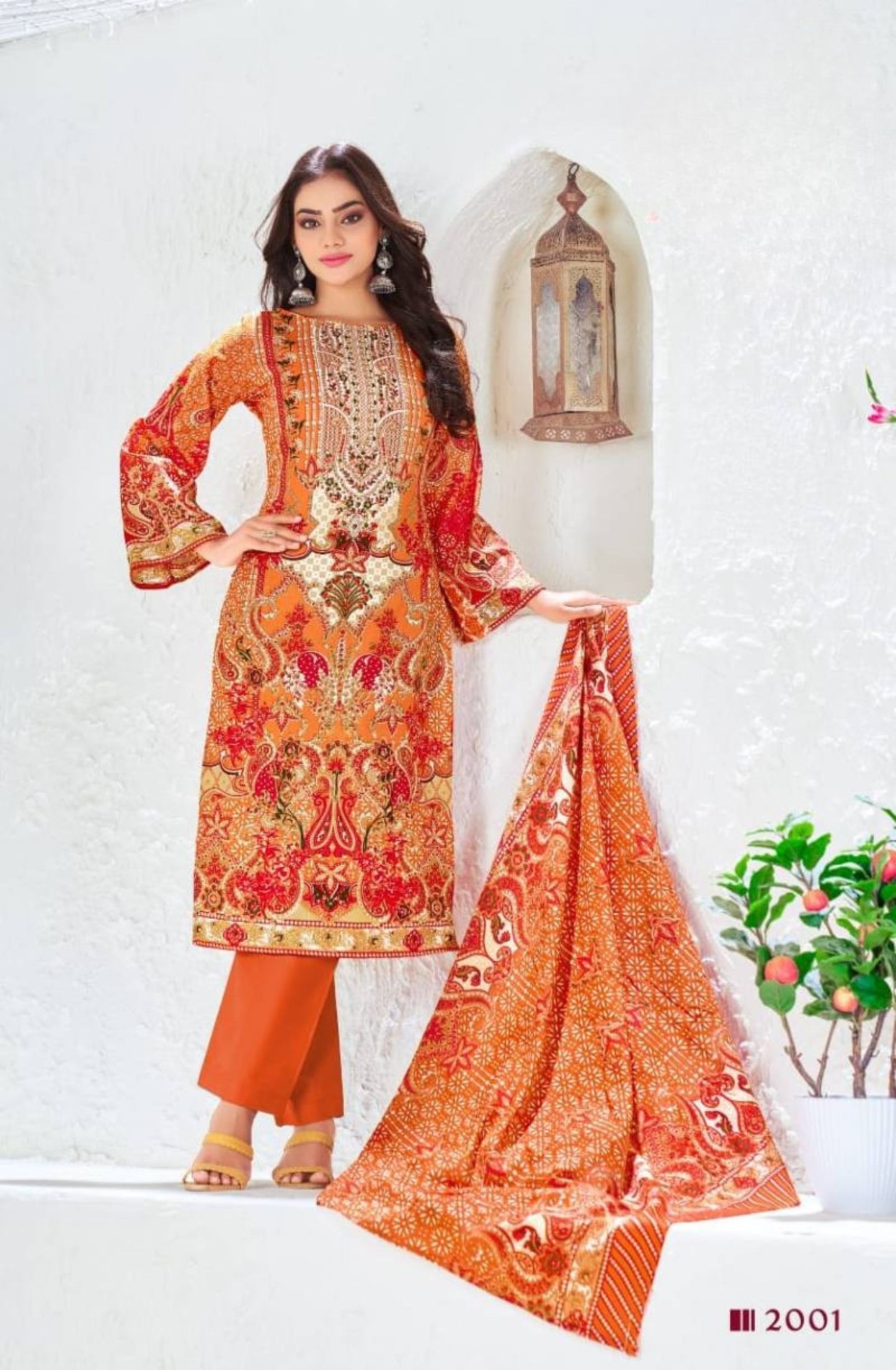 Premium Orange Pakistani Digital Print Unstitched Cotton Suit Set for Women