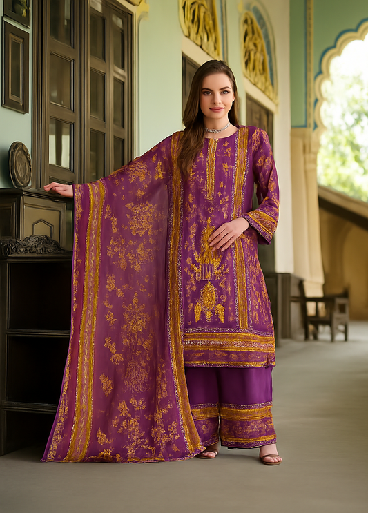 Plum Cotton Suit with Zarkan Handwork & Mal Mal Dupatta – Elegant 3 Piece Set Unstitched
