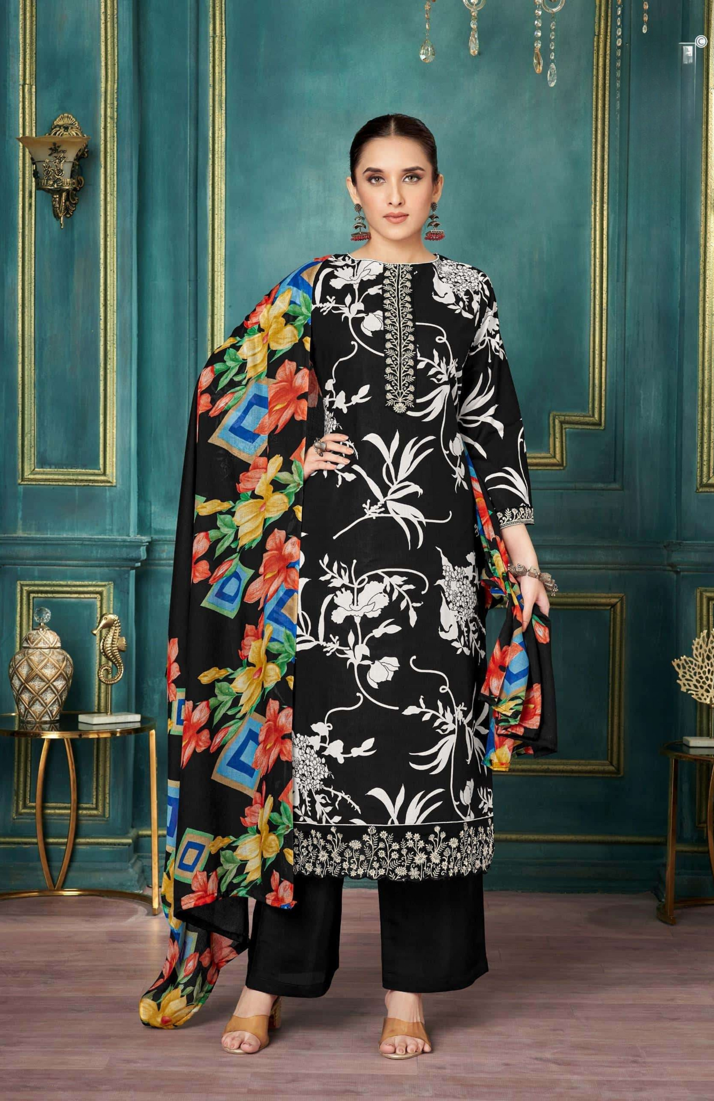 Black & White Floral Unstitched Cambric Suit Set with Colorful Printed Dupatta