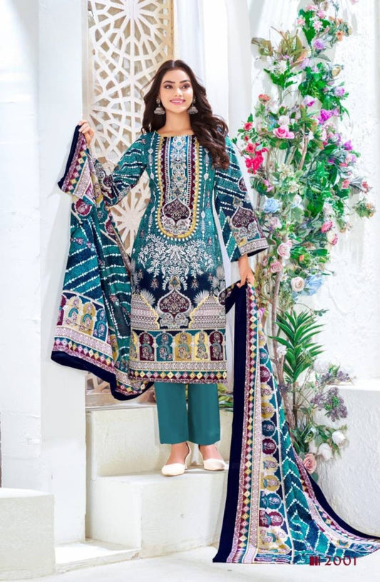 Premium Blue Pakistani Digital Print Unstitched Cotton Suit Set for Women