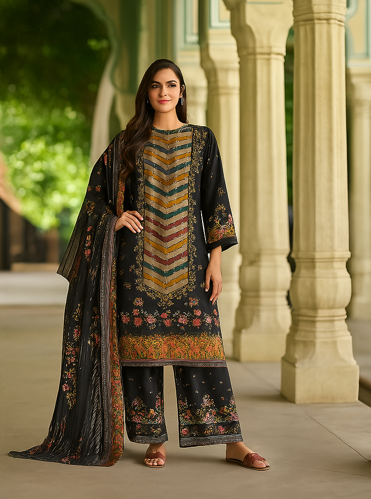 Elegant Black Unstitched Suit Set with Zarkan Hand Embroidery & Printed Dupatta