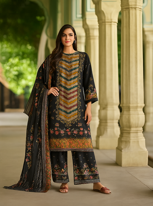 Elegant Black Unstitched Suit Set with Zarkan Hand Embroidery & Printed Dupatta