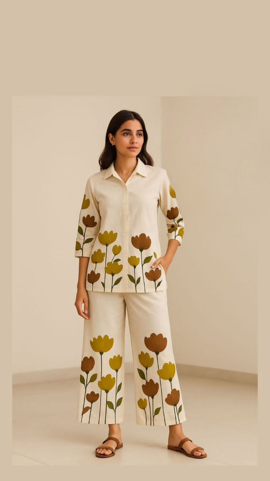 Beige & Mustard Floral Printed Cotton Co-ord Set for Women – Stylish Kurta and Wide-Leg Pants