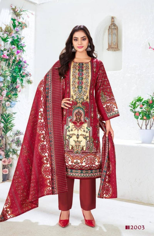 Maroon Pakistani Digital Print Unstitched Cotton Suit Set for Women