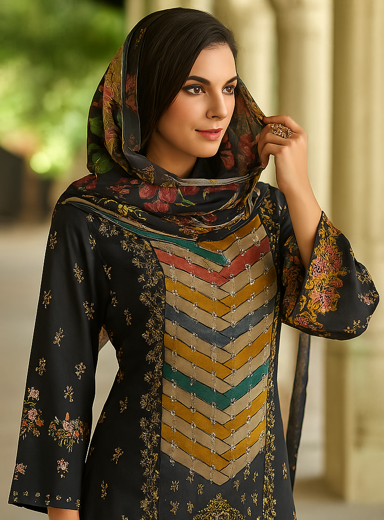 Elegant Black Unstitched Suit Set with Zarkan Hand Embroidery & Printed Dupatta