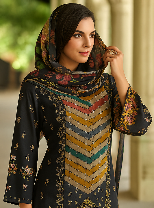 Elegant Black Unstitched Suit Set with Zarkan Hand Embroidery & Printed Dupatta