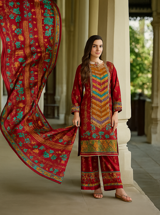 Maroon Unstitched Cotton Suit with Zarkan Work – Premium 3 Piece Ethnic Set