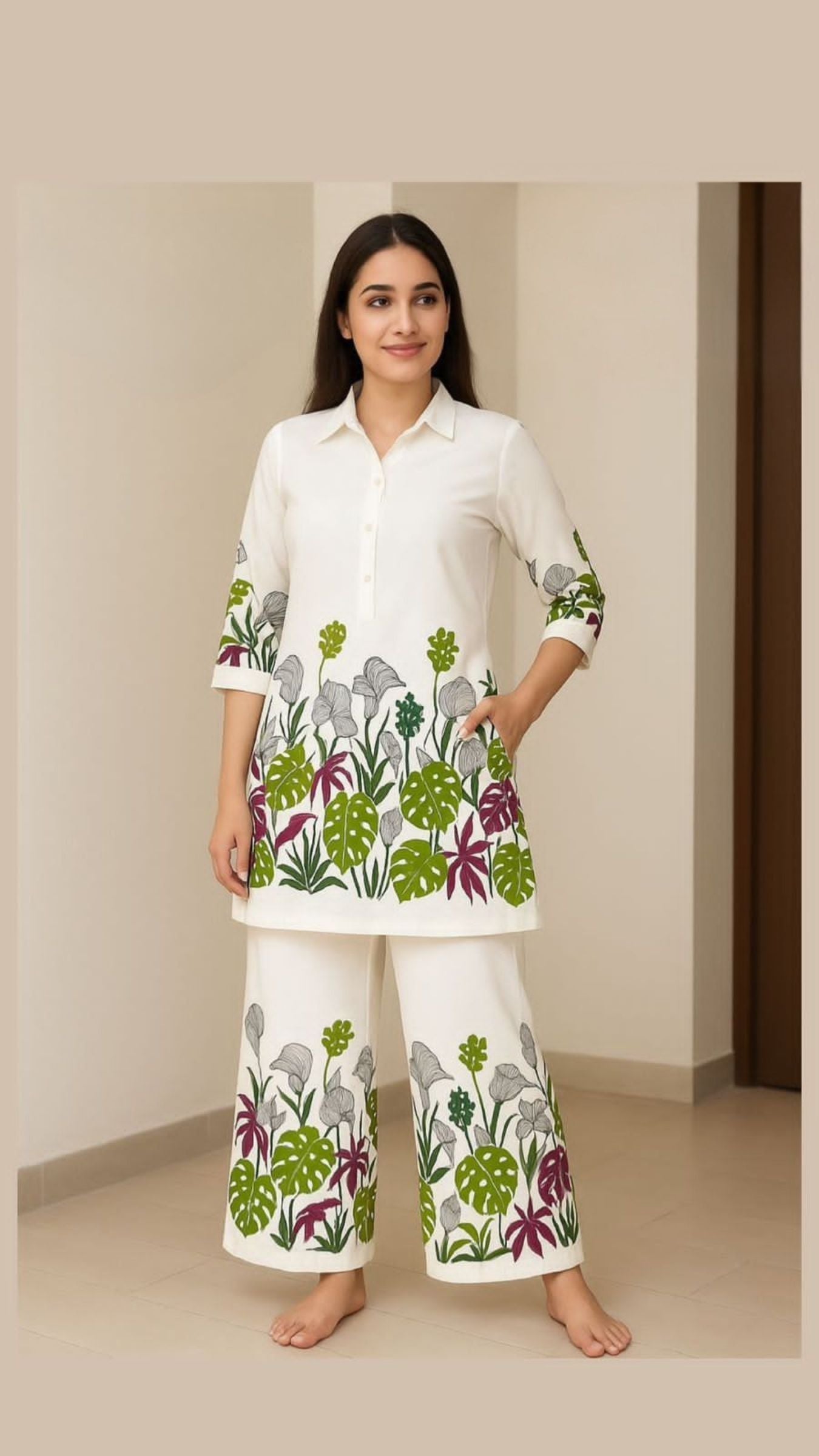 White & Green Botanical Printed Cotton Co-ord Set for Women – Stylish Kurta and Wide-Leg Pants