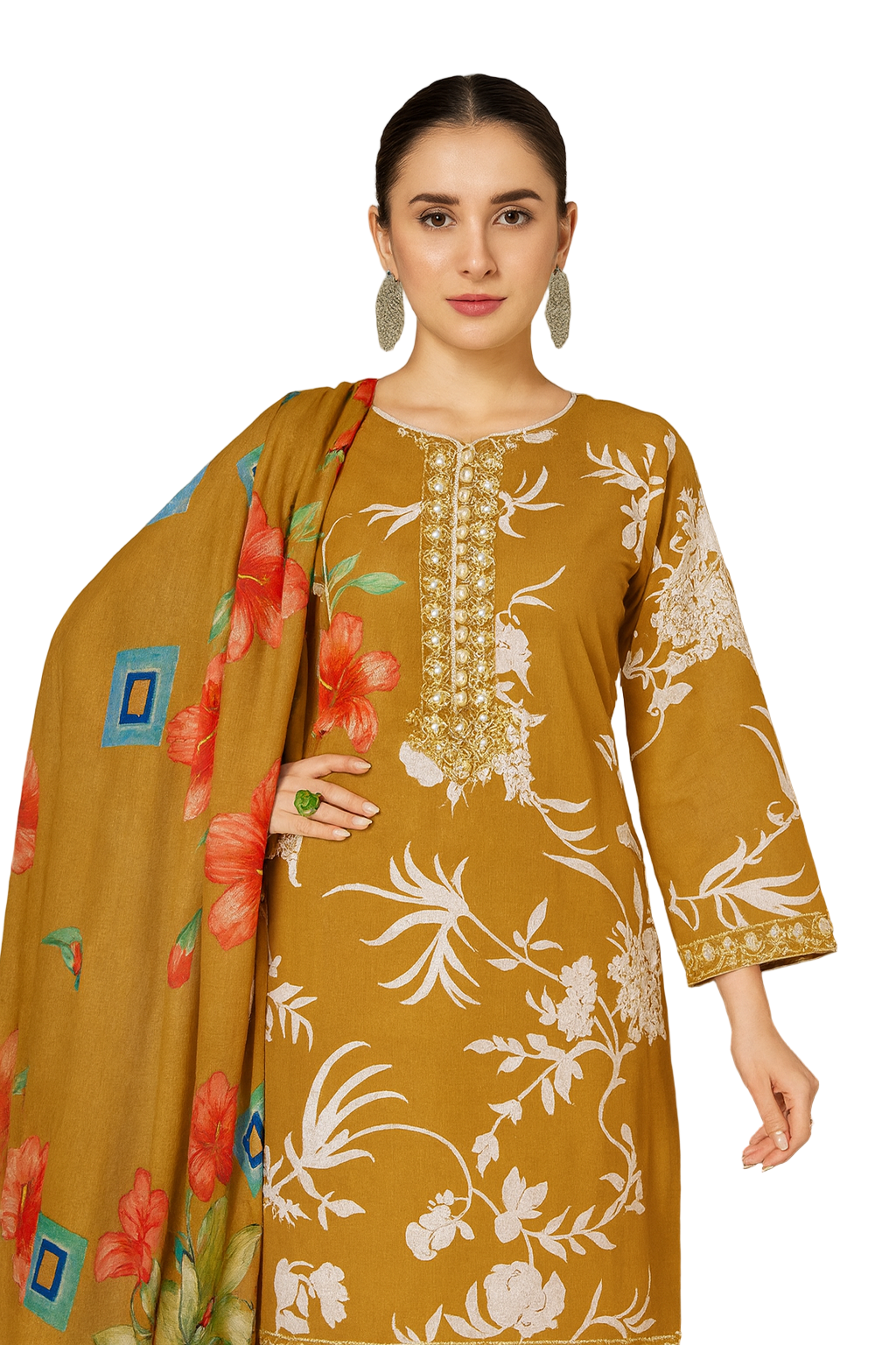 Mustard Yellow Unstitched Cambric Suit Set with Floral Printed Dupatta