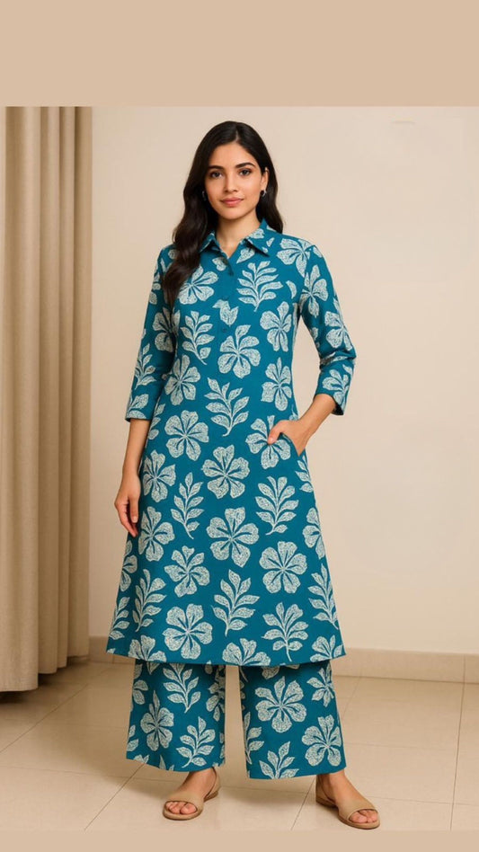 Teal Blue & White Floral Printed Cotton Co-ord Set for Women – Stylish Kurta and Palazzo Pants