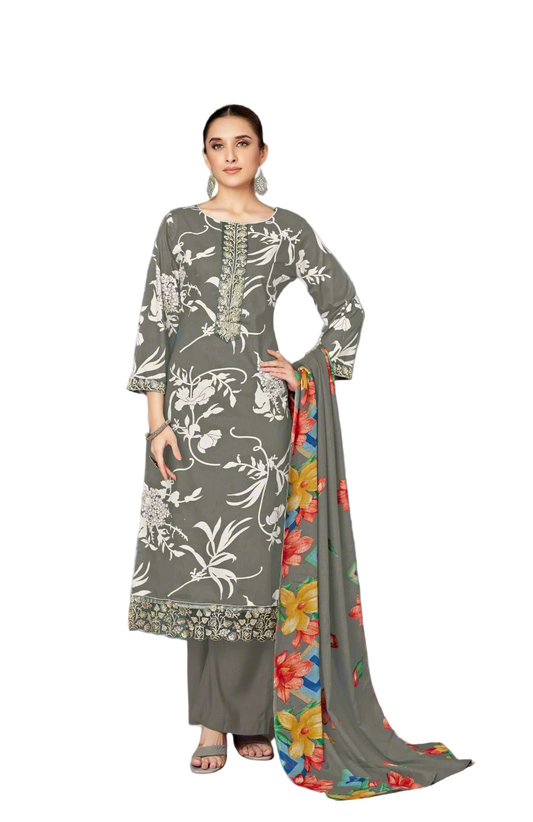 Elegant Grey Unstitched Cambric Suit Set with Floral Printed Dupatta