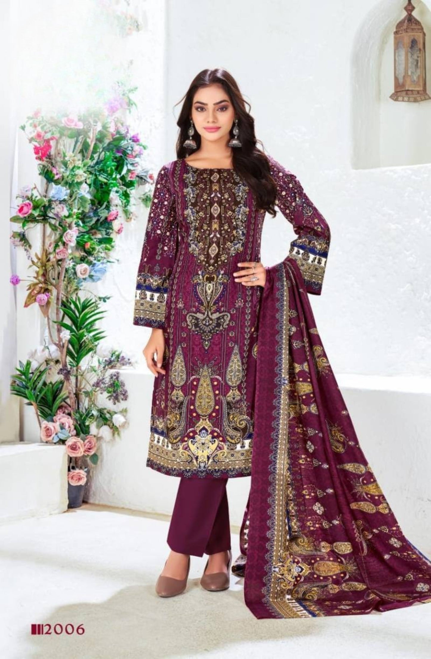 Regal Maroon & Gold Digital Print Pakistani Cotton Suit
