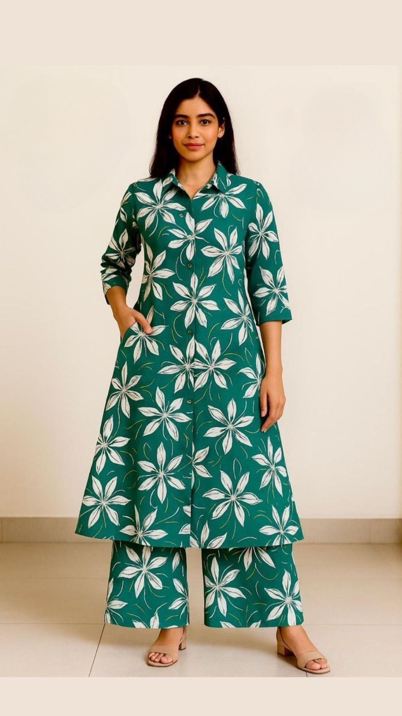 Teal Green & White Floral Printed Cotton Co-ord Set for Women – Stylish Kurta with Palazzo Pants