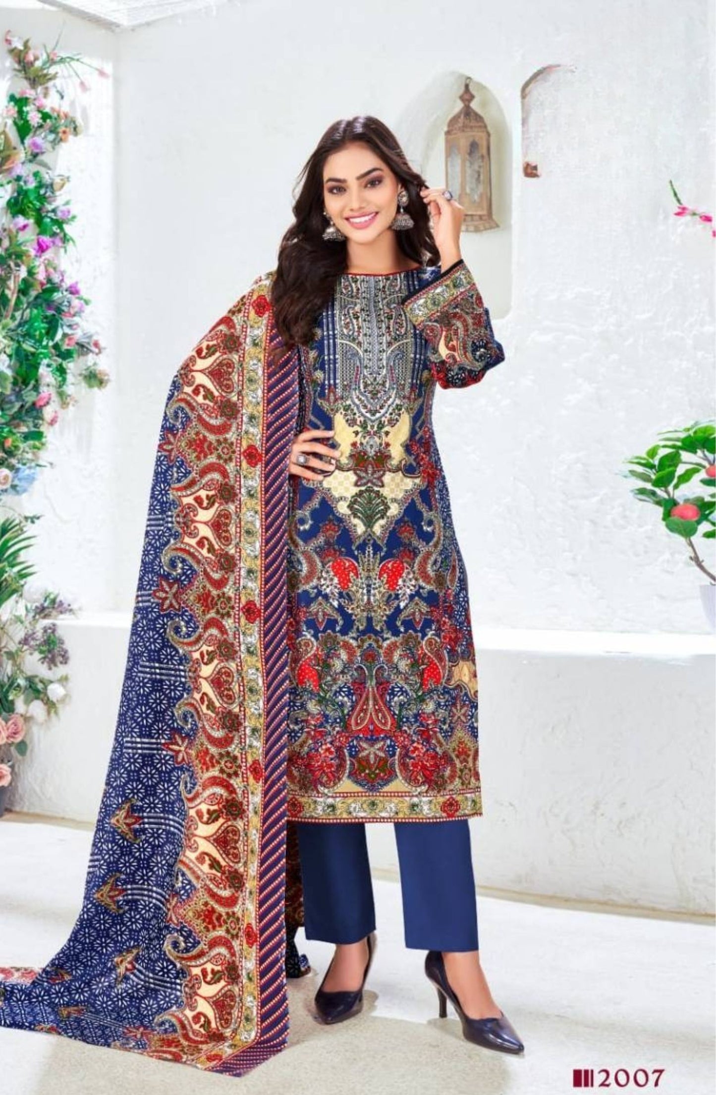Elegant Royal Blue & Red Digital Printed Cotton Suit