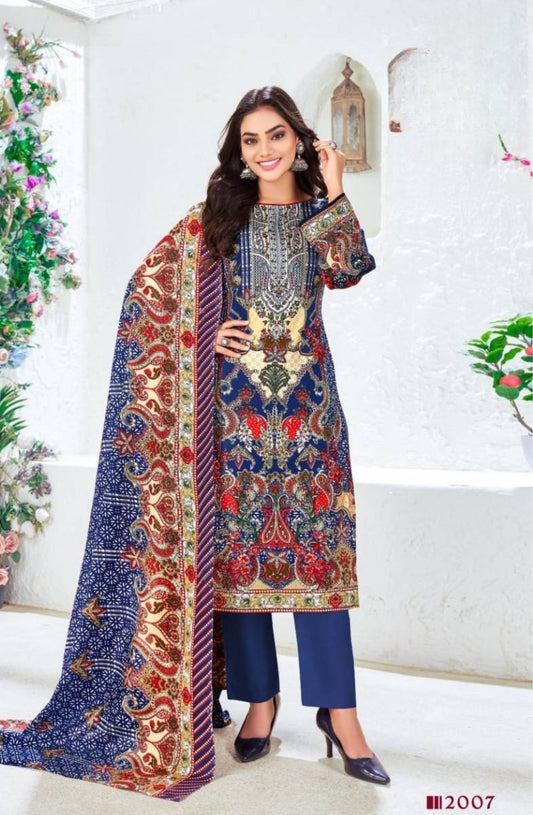 Elegant Royal Blue & Red Digital Printed Cotton Suit