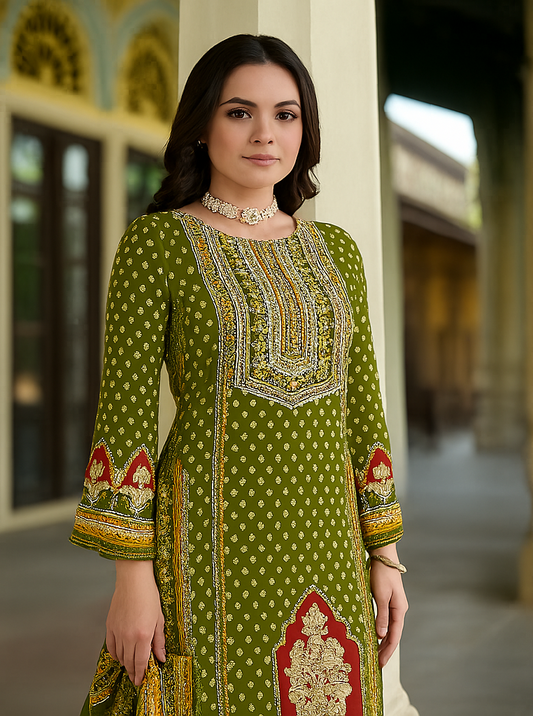 Olive Green Cotton Suit with Zarkan Work – Unstitched Premium Ethnic Wear