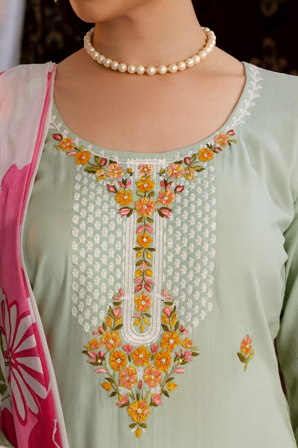 Pastel Green Rayon Embroidered Suit with Printed Dupatta – Unstitched 3-Piece Dress Material