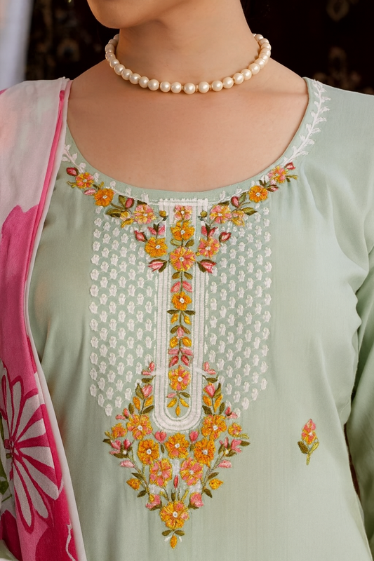 Pastel Green Rayon Embroidered Suit with Printed Dupatta – Unstitched 3-Piece Dress Material