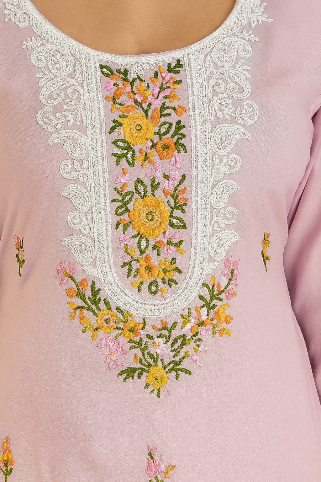 Elegant Lavender Pink Rayon Embroidered Suit Set with Floral Printed Dupatta – Unstitched (3-Piece)