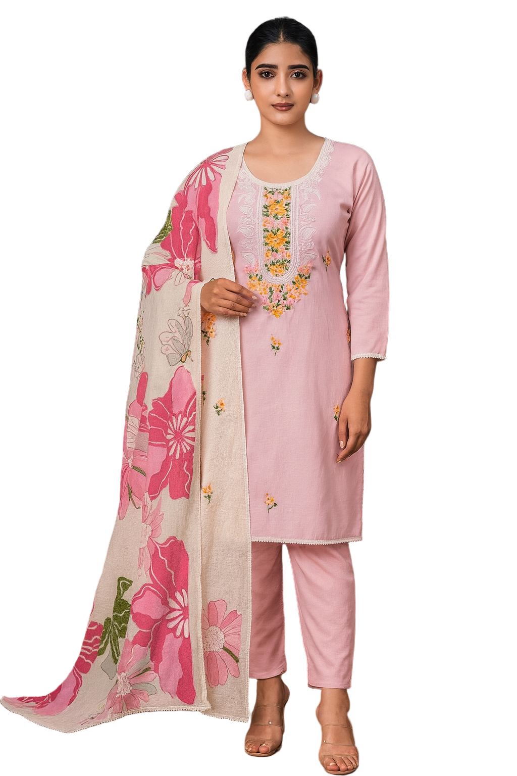 Elegant Lavender Pink Rayon Embroidered Suit Set with Floral Printed Dupatta – Unstitched (3-Piece)