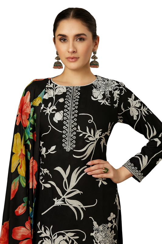 Black & White Floral Unstitched Cambric Suit Set with Colorful Printed Dupatta