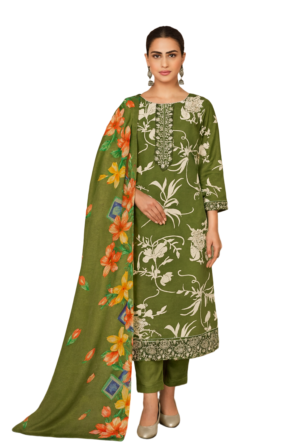 Olive Green Unstitched Cambric Suit Set with Floral Printed Dupatta