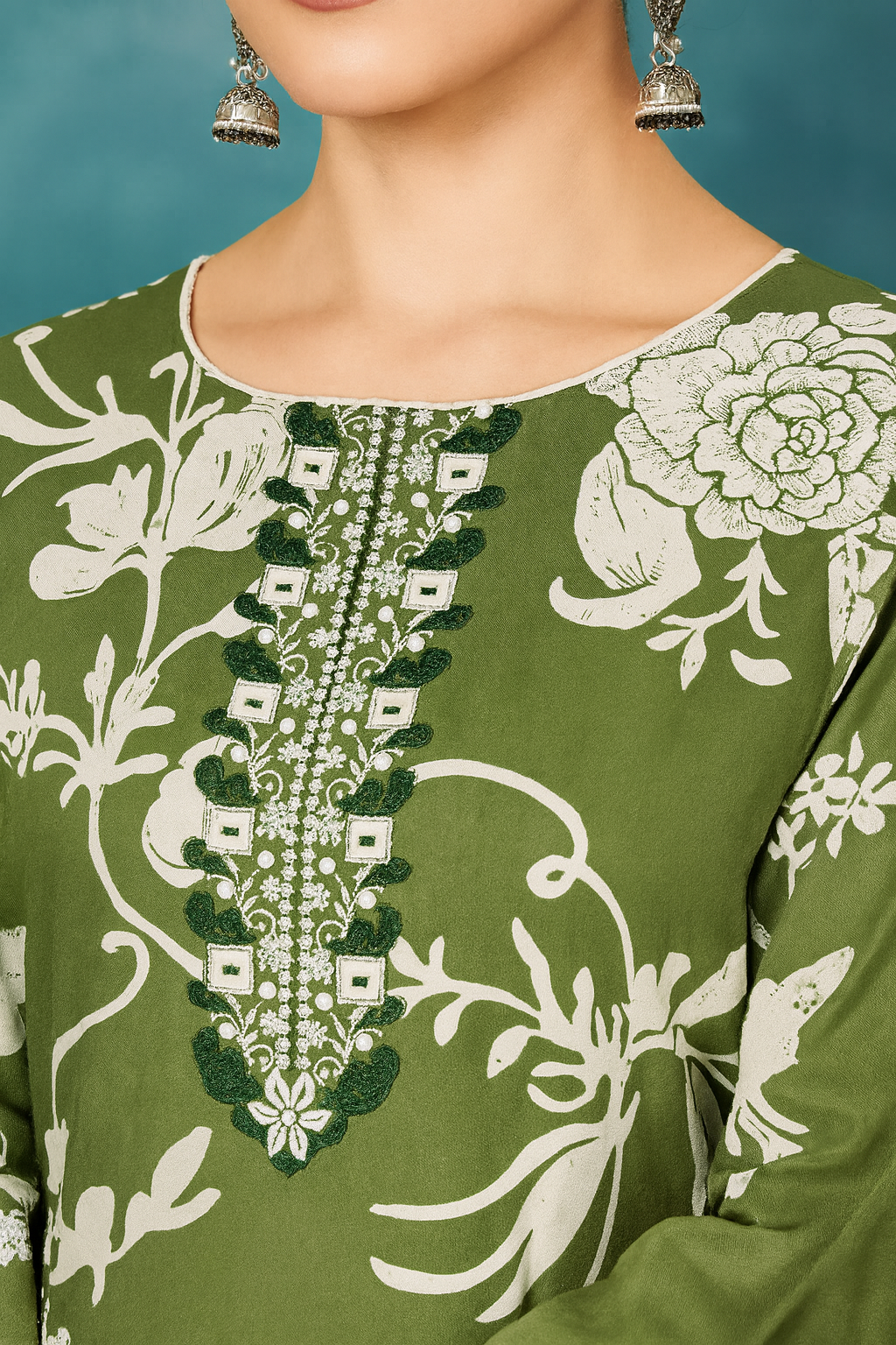 Olive Green Unstitched Cambric Suit Set with Floral Printed Dupatta