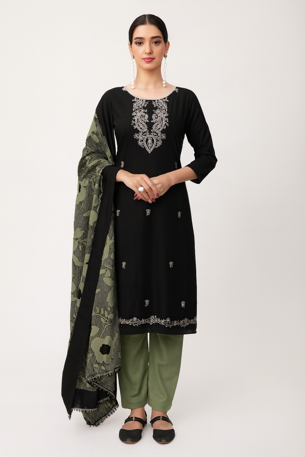 Unstitched Black Rayon Suit with Sequin Embroidery, Daman Lace & Printed Dupatta – 3 Piece Dress Material