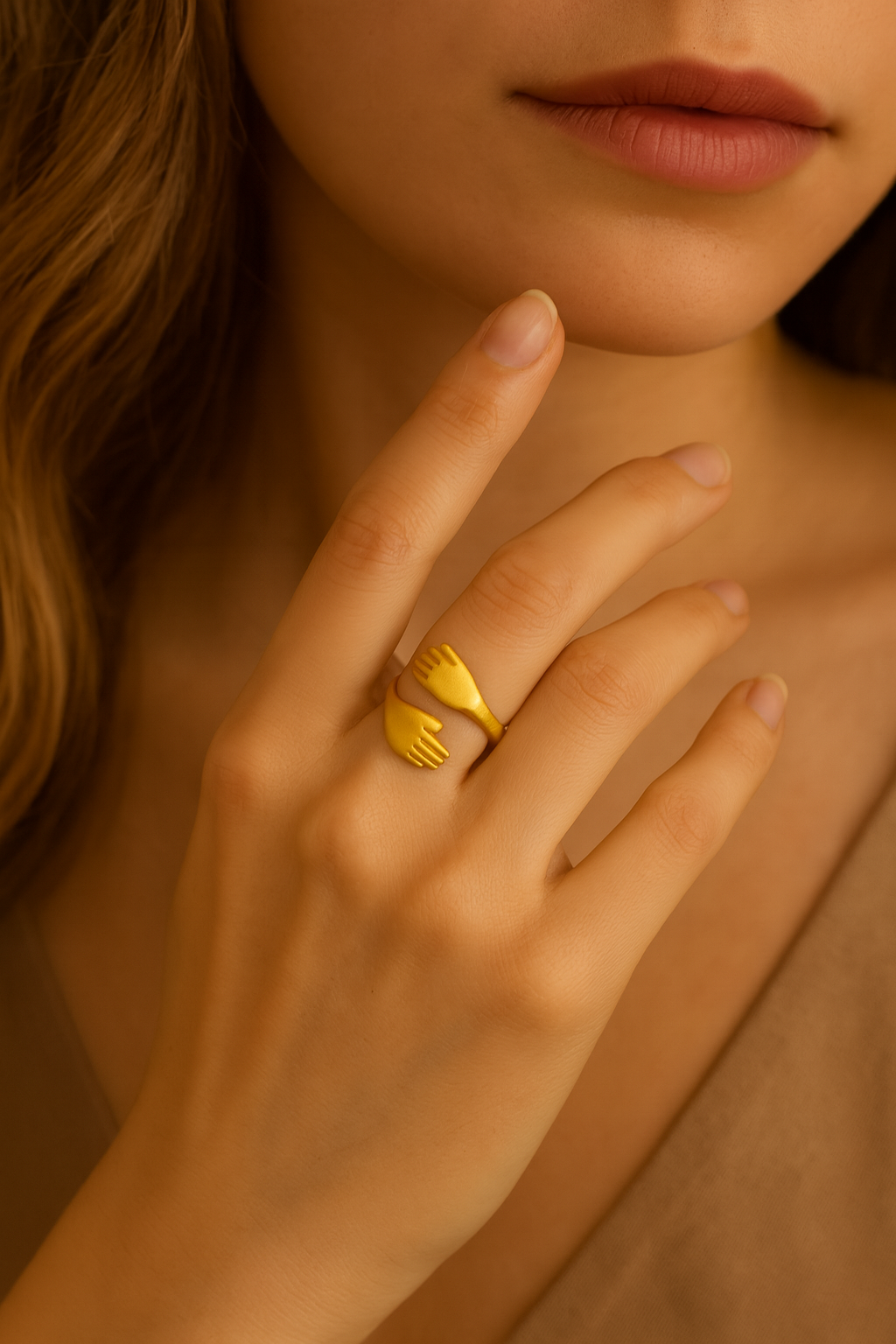 Gold Adjustable Hug Ring for Women – Unique Open Hand Design, Anti-Tarnish Finish