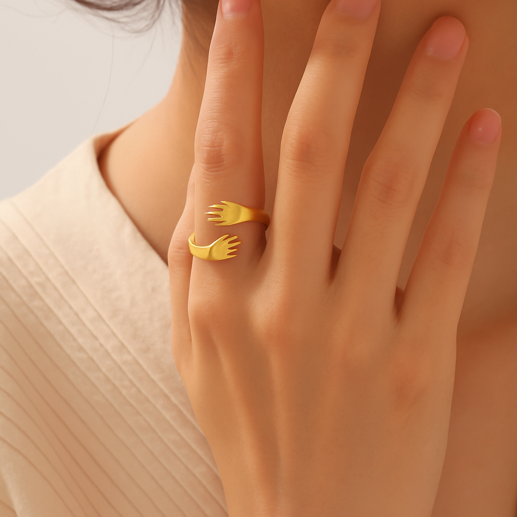 Gold Adjustable Hug Ring for Women – Unique Open Hand Design, Anti-Tarnish Finish