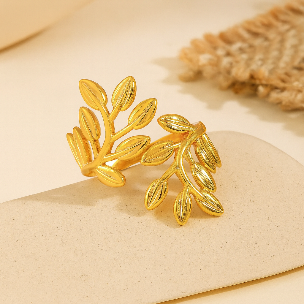 Anti-Tarnish Gold Leaf Adjustable Ring for Women – Nature Inspired Open Wrap Design