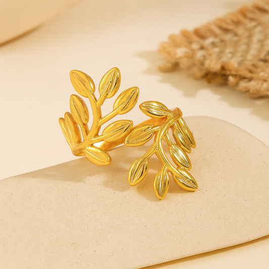 Anti-Tarnish Gold Leaf Adjustable Ring for Women – Nature Inspired Open Wrap Design