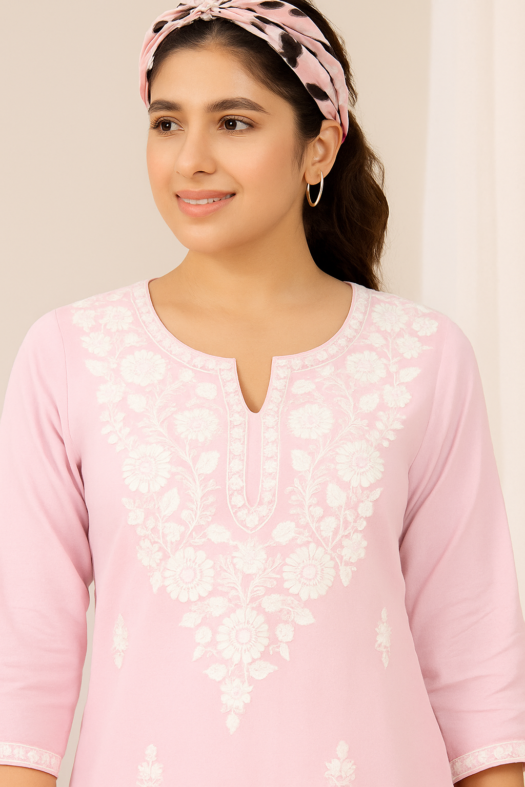 Light Pink Rayon Kurti with Elegant White Embroidery – Side Cut | Casual & Festive Wear